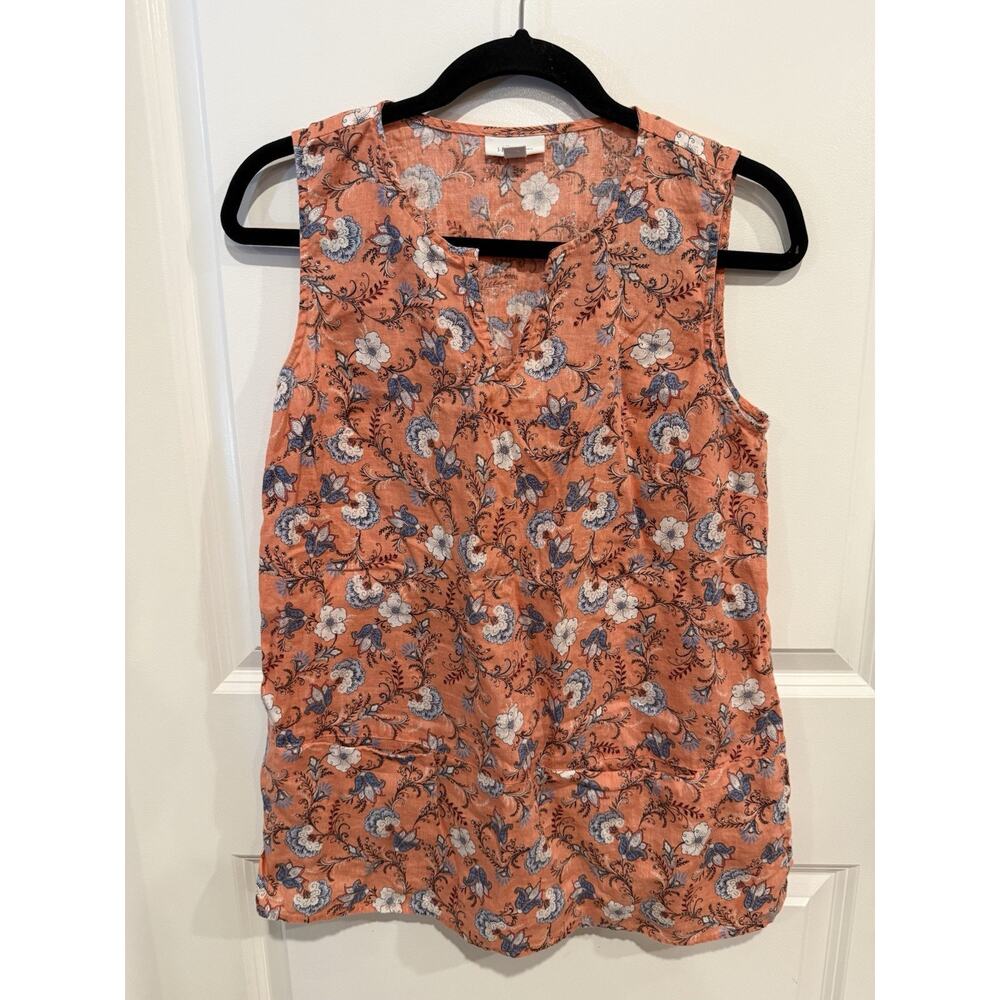 Sleeveless V-Neck Tank J. Jill Love Linen Floral Sz Small Coral /Blue Pockets